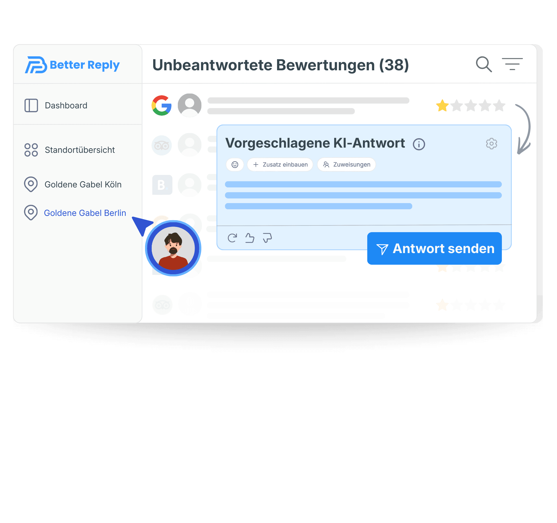 Better Reply KI Bewertungsmanagement Dashboard – Google Bewertungen beantworten